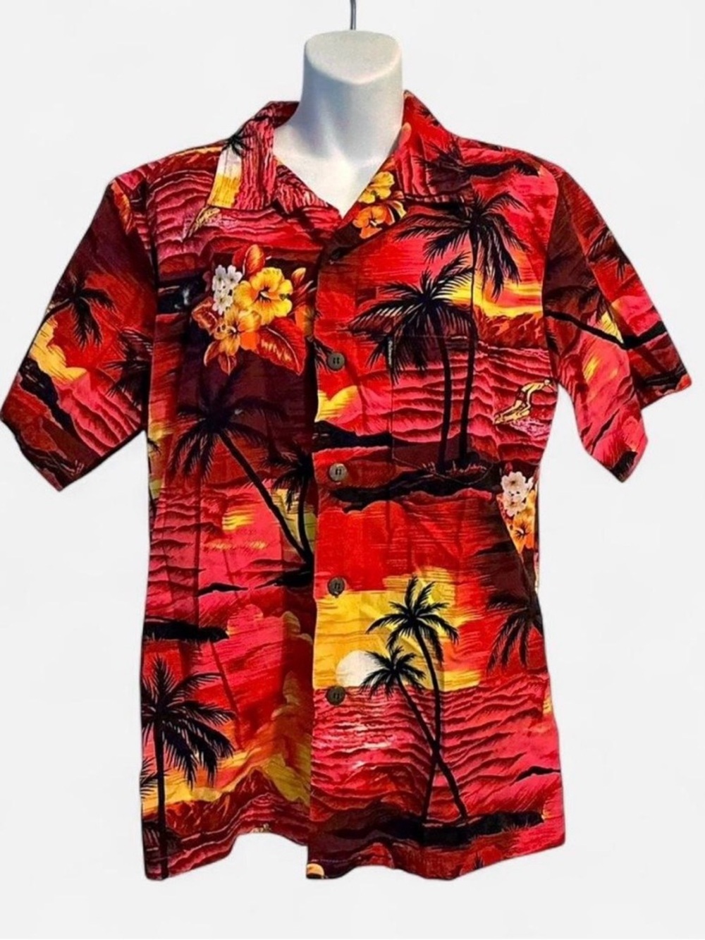 Palmwave Hawaii Women’s Red-Pink  Tropical Hawaiian Shirt, Palm Print, Size S